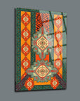 Vibrant Kayı Halısı Cam Tablo featuring intricate patterns and bold colors, perfect for home decor.