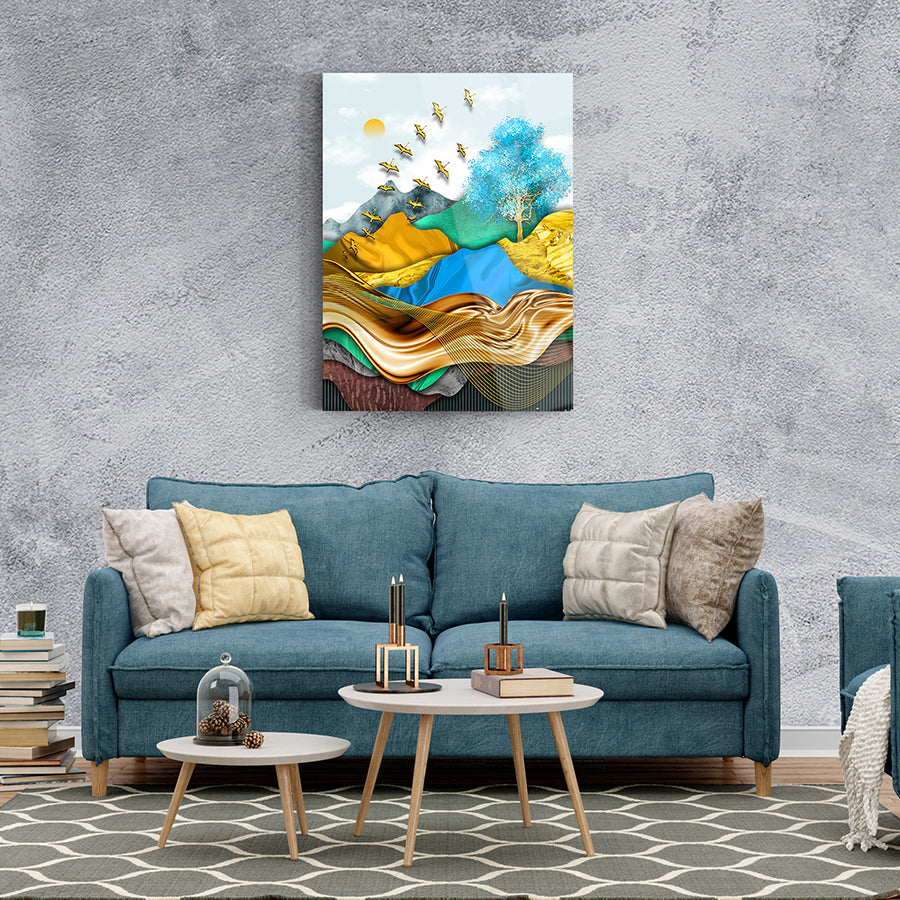 Colorful abstract Göçmen Kuşlar cam tablo artwork displayed in a modern living room setting.