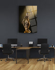 Themis statue glass art piece displayed in a modern office workspace, showcasing elegance and strength.