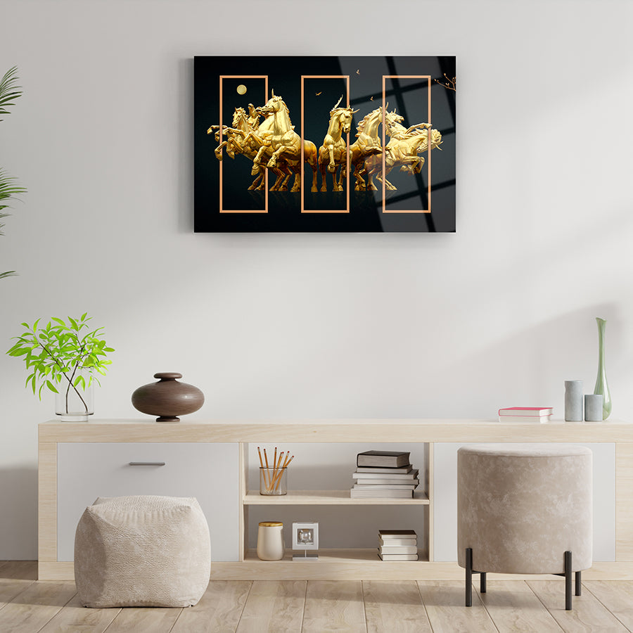 Altın Atlar Cam Tablo, şık tasarım ve yüksek kaliteli cam ile salon dekorasyonu için ideal.