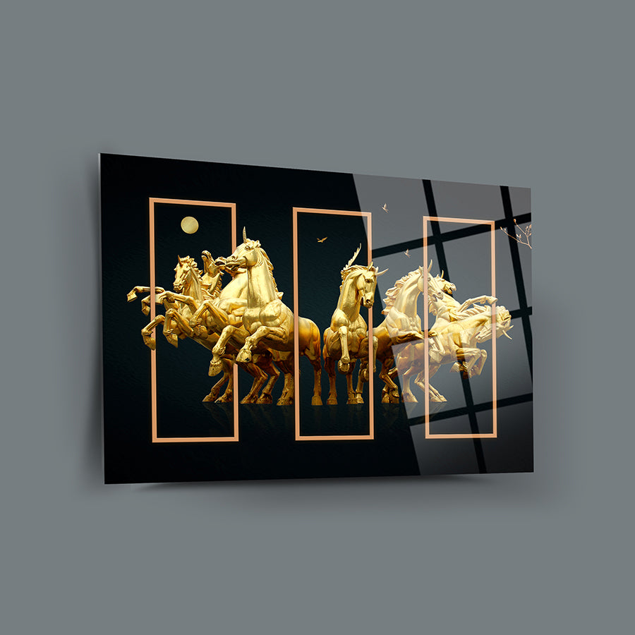 Altın atların sanatsal cam tablosu, modern iç mekanlara şıklık katan özel UV baskı ile tasarlandı.