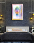 Modern colorful bubble art glass painting in cozy bedroom with stylish decor and lighting.