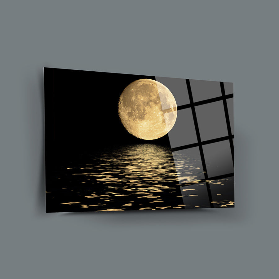 Okyanusta dolunay temalı cam tablo, yüksek kaliteli UV baskı ile tasarlanmış zarif dekorasyon.