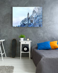 Neuschwanstein Castle glass wall art in a modern bedroom with gray walls and colorful accents.