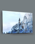 Neuschwanstein Castle artwork on high-quality tempered glass, featuring a winter landscape with snow-covered trees.