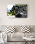 Elegant black horse art displayed above a cozy sofa in a modern living room setting.