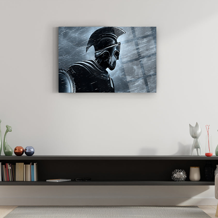 Spartalı 2 Cam Tablo featuring a stylized warrior in a dramatic stormy background, emphasizing modern art design.