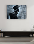 Spartalı 2 Cam Tablo featuring a stylized warrior in a dramatic stormy background, emphasizing modern art design.