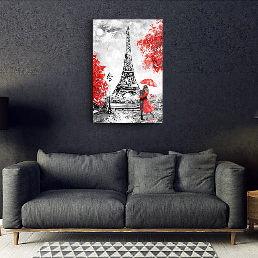 Pariste Aşk Cam Tablo, Eiffel Kulesi ve romantik detaylar içeren modern tasarım, şık oturma odası dekoru.