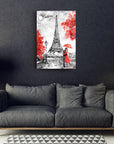 Pariste Aşk Cam Tablo, Eiffel Kulesi ve romantik detaylar içeren modern tasarım, şık oturma odası dekoru.