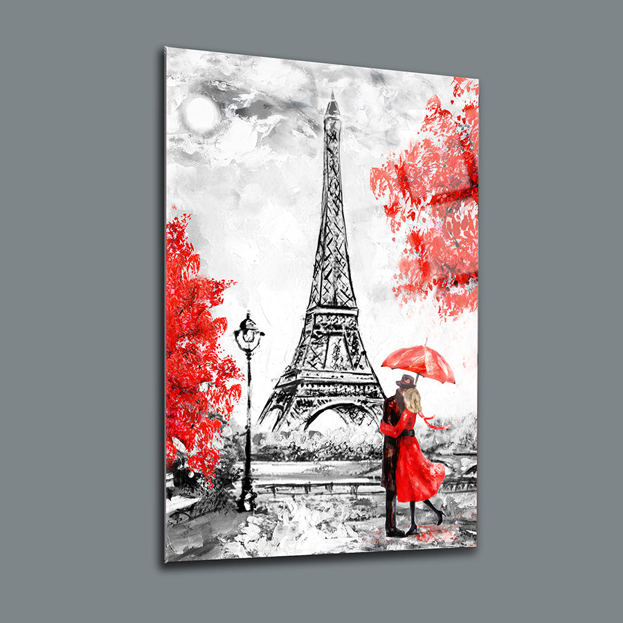 Pariste Aşk Cam Tablo, Eiffel Kulesi önünde romantik bir çift, kırmızı detaylar ve şık tasarım