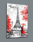 Pariste Aşk Cam Tablo, Eiffel Kulesi önünde romantik bir çift, kırmızı detaylar ve şık tasarım