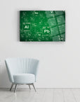 Modern green glass wall art featuring chemical elements, ideal for science-themed decor.