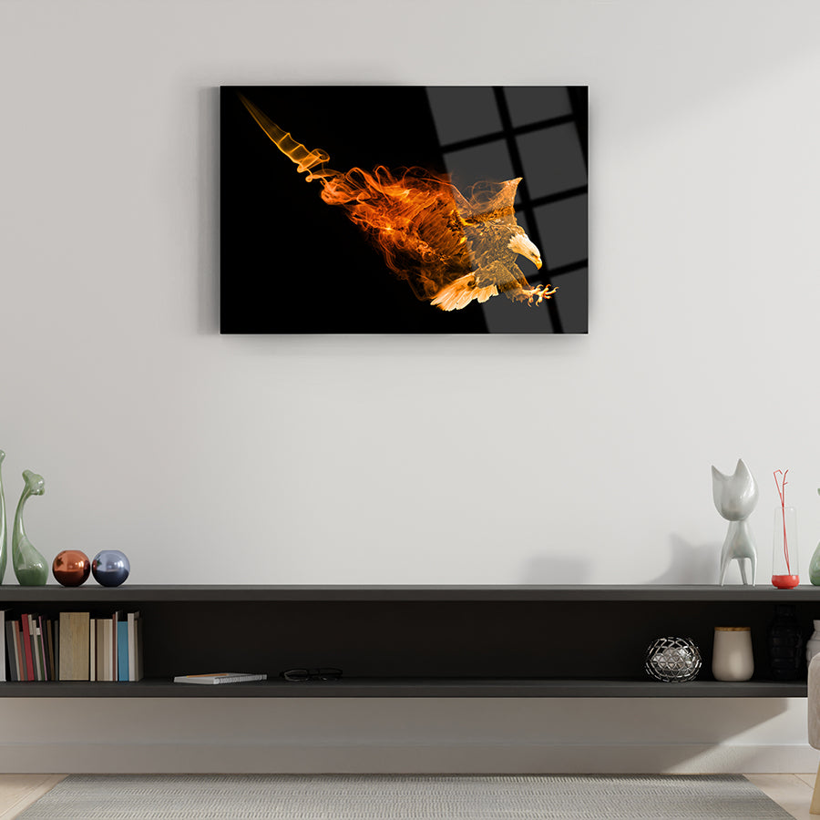 Duman Kartalı Cam Tablo, şık tasarım, modern iç mekan dekoru, yüksek kaliteli UV baskı, şık cam tablo