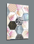 Hexagonal leaf design glass artwork by SRD Concept, showcasing pastel colors and unique patterns.