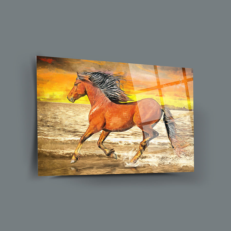 Sahilde koşan kısrak temalı SRD concept cam tablo, yüksek kaliteli UV baskı ile tasarlanmış.