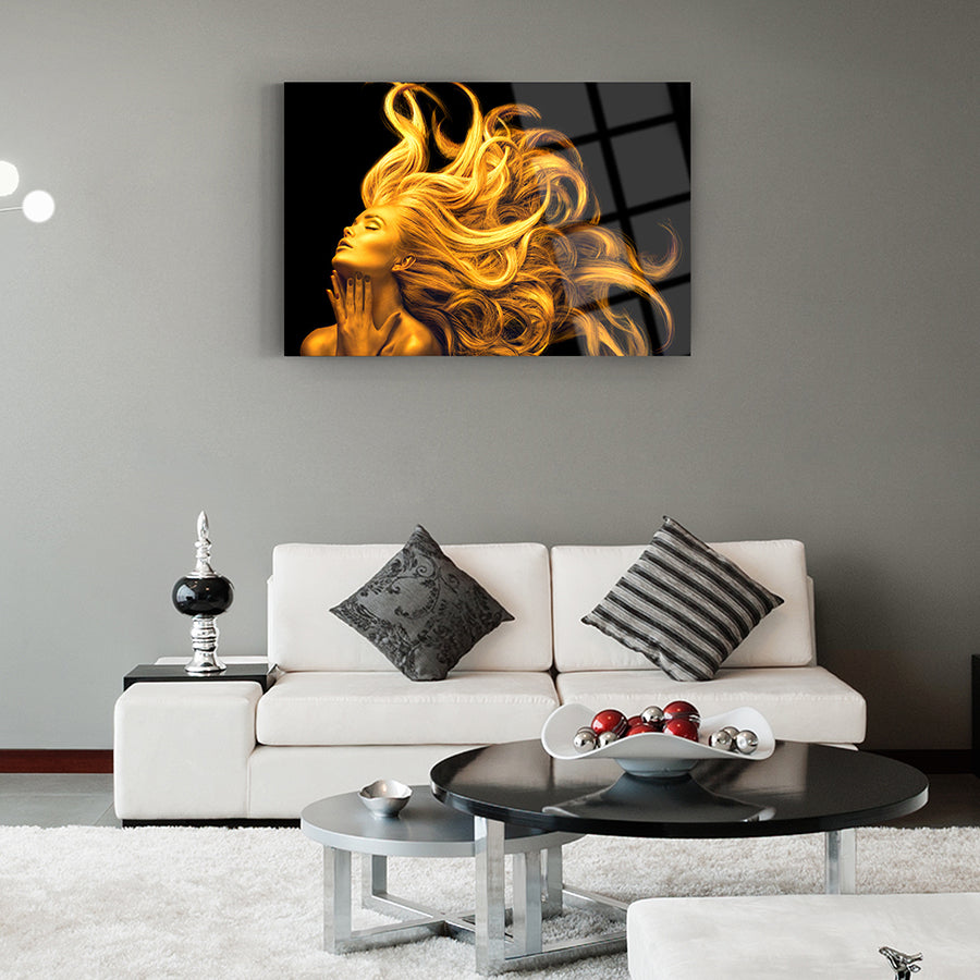 Altın Saçlar Cam Tablo, şık iç mekan dekorasyonu için modern UV baskı tasarımı.