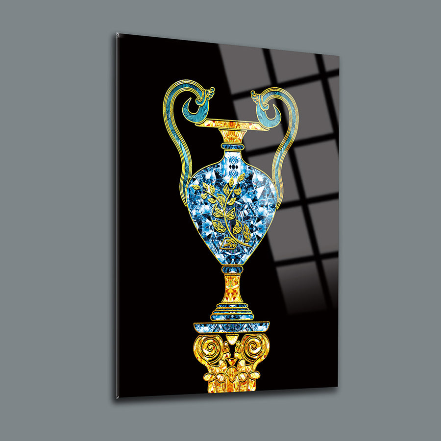 Mısır Vazosu 2 Cam Tablo, renkli UV baskı ile özel tasarlanmış yüksek kaliteli cam dekor.