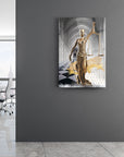 Themis Heykeli 2 Cam Tablo in an elegant office setting, showcasing the golden depiction of justice.