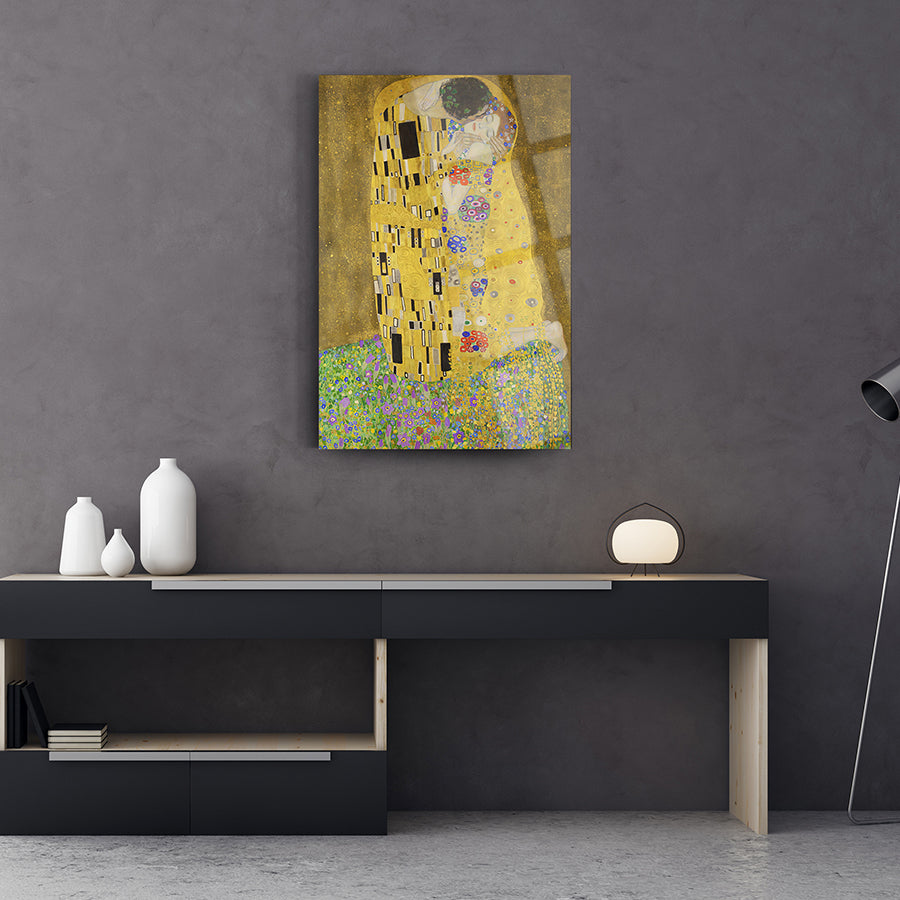 Öpücük Gustav Klimt cam tablo, modern dekorasyon için şık ve dayanıklı sanat eseri.