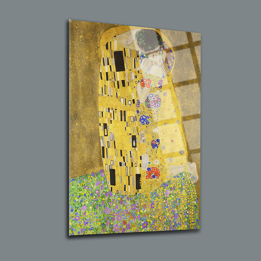 Gustav Klimt inspired glass art piece, featuring bold colors and intricate floral designs, ideal for modern decor.