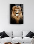 Asil Aslan Cam Tablo featuring a majestic lion portrait on a modern living room wall decor.