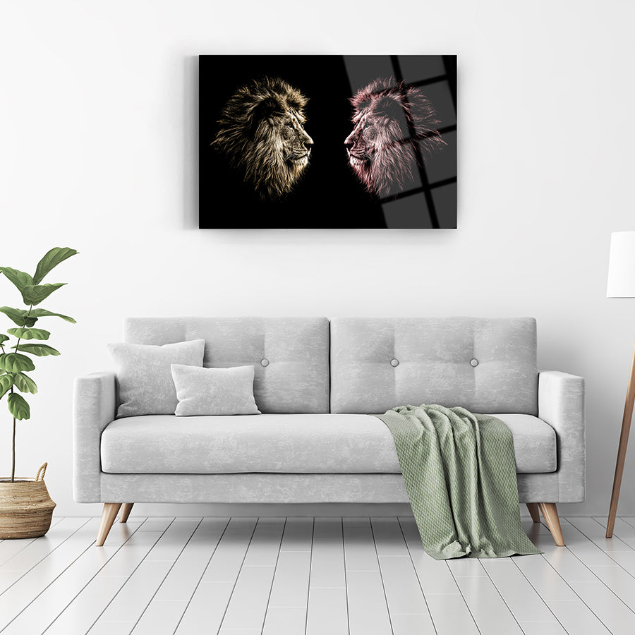İkiz Aslan Cam Tablo; modern oturma odası dekorasyonu için eşsiz UV baskı tasarımı.