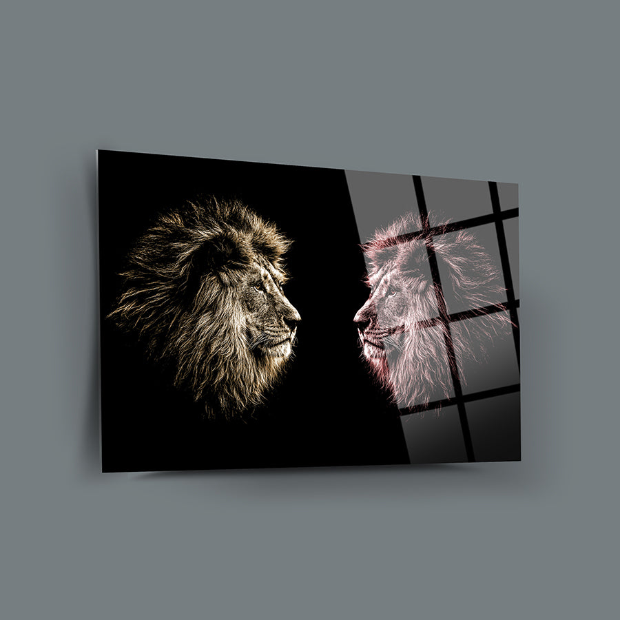İkiz Aslan Cam Tablo: yüksek kaliteli UV baskılı 4 mm temperli cam, şık ve dayanıklı ev dekoru.