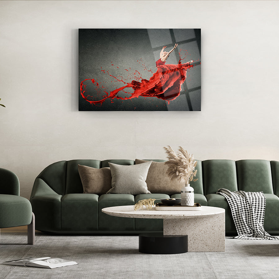 Kırmızılı balerin cam tablo, modern iç mekan dekoru, kaliteli UV baskı, şık ve dayanıklı tasarım.
