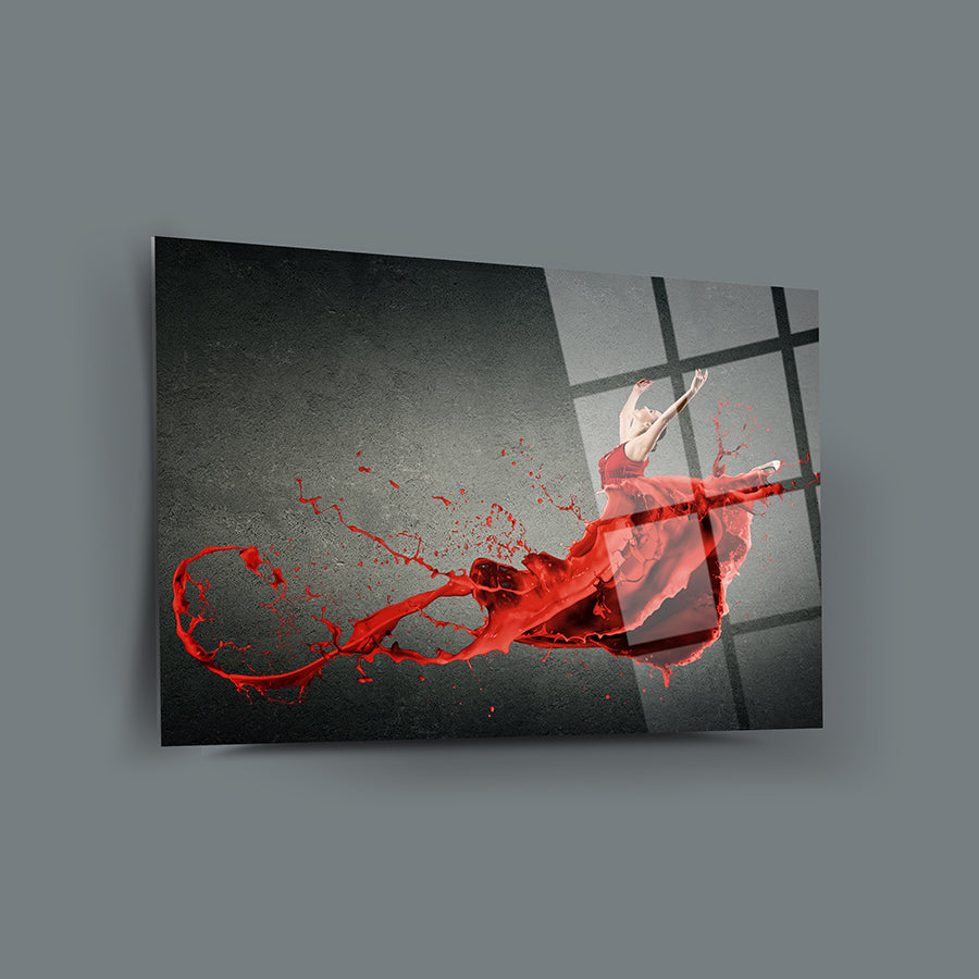 Kırmızılı balerin tasarımlı cam tablo, yüksek kaliteli temperli cam ile UV baskı uygulanmış.