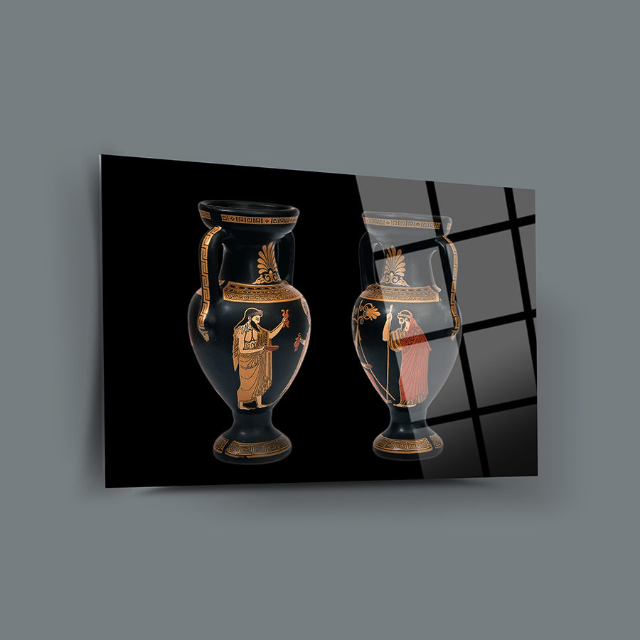 Eski Roma çömleği tasarımını içeren 2 cam tablo, yüksek kaliteli UV baskı ile hazırlandı.