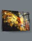 Colorful Sarı Papağan Cam Tablo with vibrant UV print and high-quality tempered glass, perfect for modern decor.