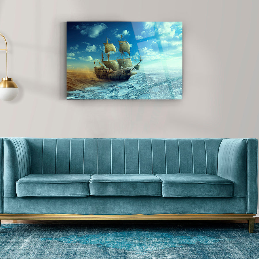 Çöl ve buz gemisi temalı cam tablo, şık oturma odası dekorasyonu için modern tasarım.