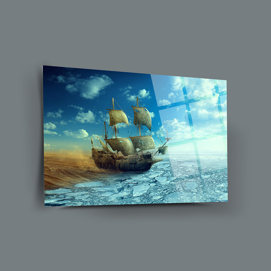 Çöl ve buz gemisi temalı cam tablo, 4 mm temperlenmiş cam, yüksek kaliteli UV baskı ile tasarlandı.
