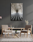 Venaria Sarayı Cam Tablo in a modern living room setting with stylish furniture and a sleek design.