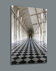 Venaria Sarayı Cam Tablo showcasing a stunning corridor with a checkered floor and ornate architecture.