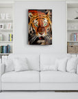 Colorful tiger artwork above a white sofa in a stylish living room with bookshelves.