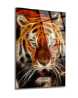 Artistic neon tiger portrait with vibrant colors and glowing effects on a glossy surface.