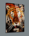 Vibrant artistic depiction of a tiger with glowing features and green eyes on a sleek background.