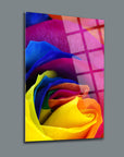 Vibrant multi-colored rose petals displayed on a high-quality glass canvas with a modern design.