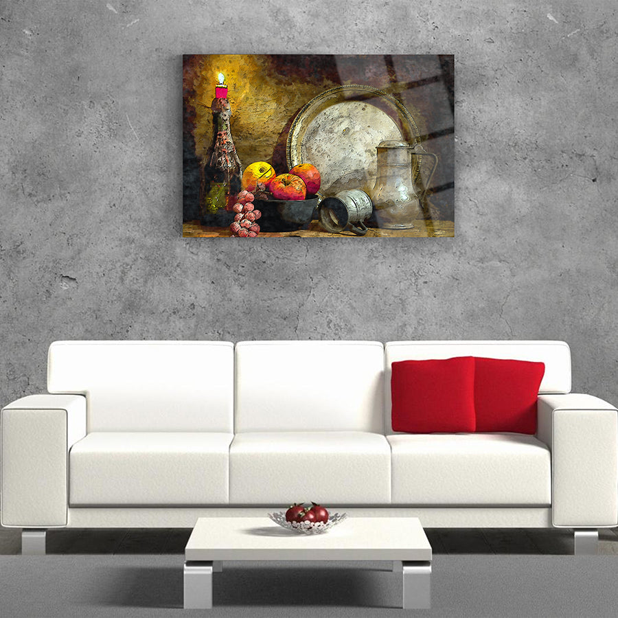 Köy Mutfağı Cam Tablo, iç mekan dekorasyonu, el yapımı sanat eseri, meyve ve mum temalı.