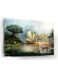 Lonca Gemisi Cam Tablo with a traditional sailboat in a serene landscape, printed on high-quality tempered glass.