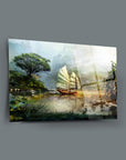 Lonca Gemisi Cam Tablo featuring a serene landscape with a traditional sailing ship on calm waters.