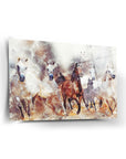 Beautiful watercolor-style wall art featuring a group of horses galloping together.