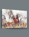 Abstract art print of horses in motion on a stylish gray wall, showcasing elegance and dynamism.