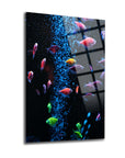 Vibrant aquarium fish floating in bubbles on a sleek 4mm glass art piece, showcasing high-quality UV print.