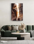 Elegant living room featuring Antelope Vadisi Cam Tablo artwork, showcasing stunning natural light through rock formations.