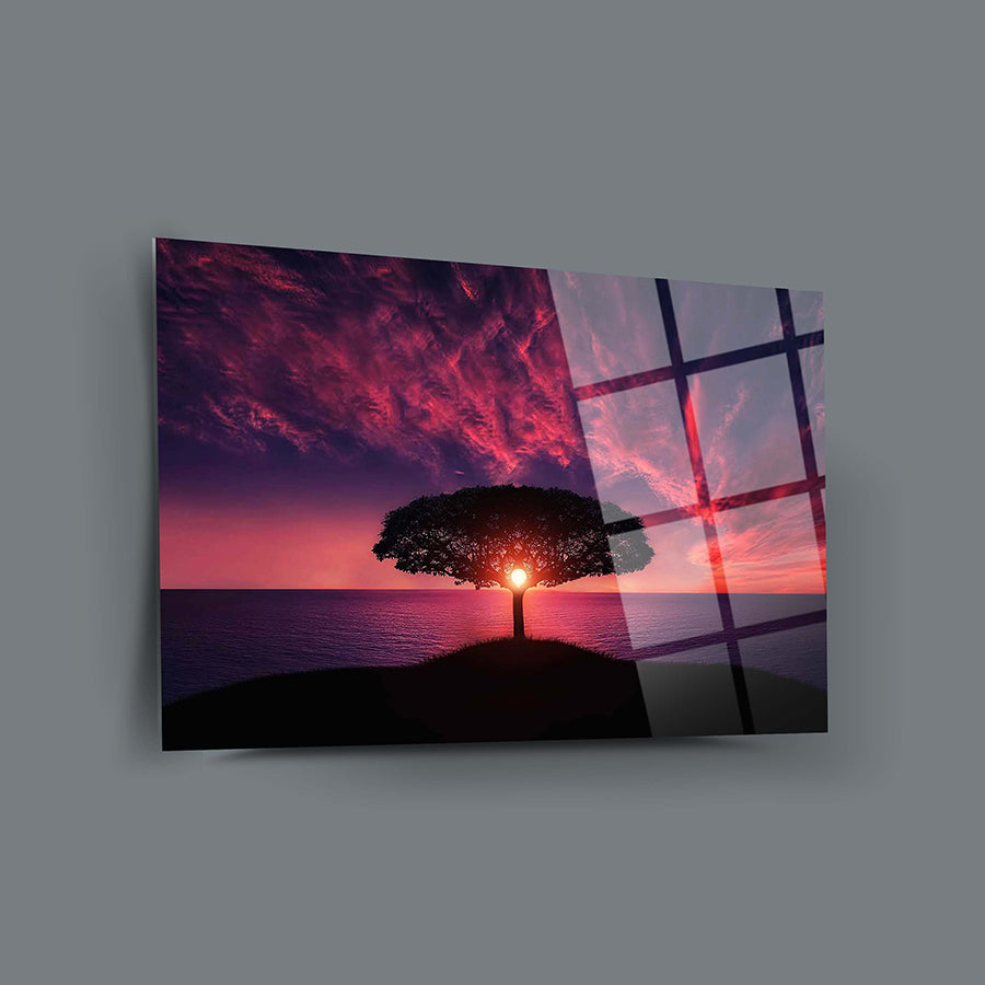 Ağaç günbatımı temalı şık cam tablo, UV baskı ile yüksek kaliteli tasarım.
