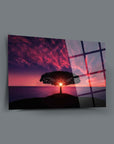 Ağaç günbatımı temalı şık cam tablo, UV baskı ile yüksek kaliteli tasarım.