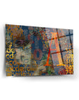 Colorful glass wall art featuring letters and numbers, UV printed on high-quality tempered glass.